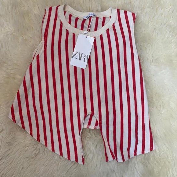 NWT ZARA Women M CROP TOP WITH KNOT Sleeveless Red Cream Stripe Stretch - Picture 7 of 7